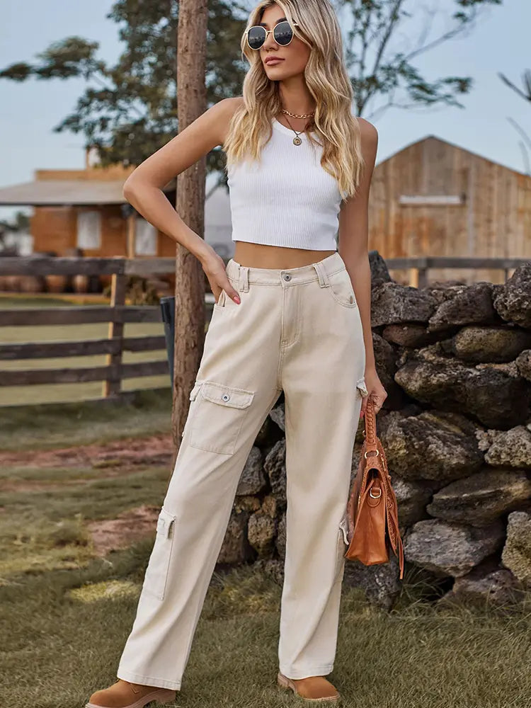 Washed Semi-Elastic Design Denim Cargo Pants-Massicos