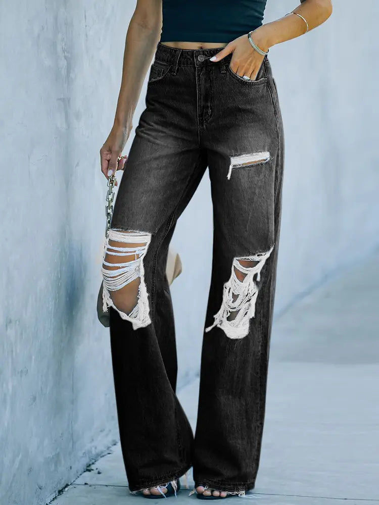 Distressed Washed Wide-Leg Street Denim Pants-Massicos