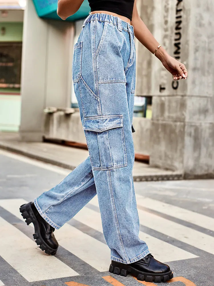 Retro Wash Elastic Waist Denim Utility Pants-Massicos