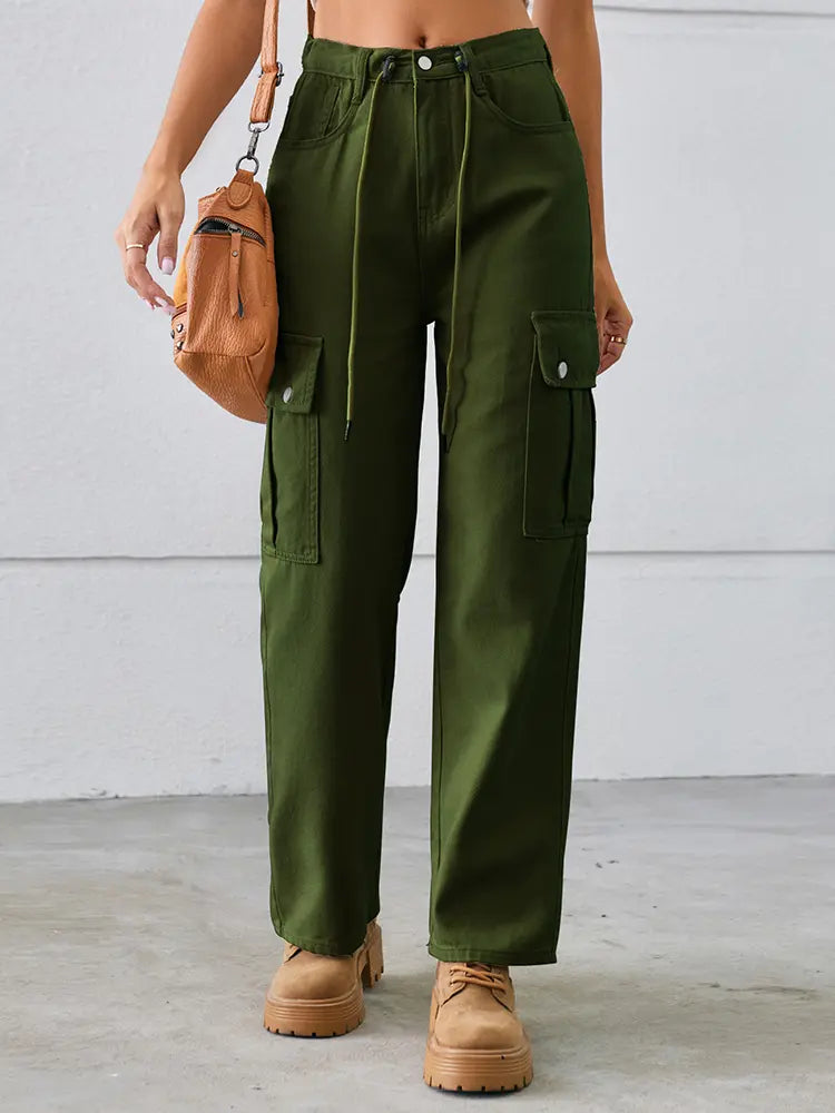 Adjustable Drawstring Washed Denim Cargo Pants-Massicos