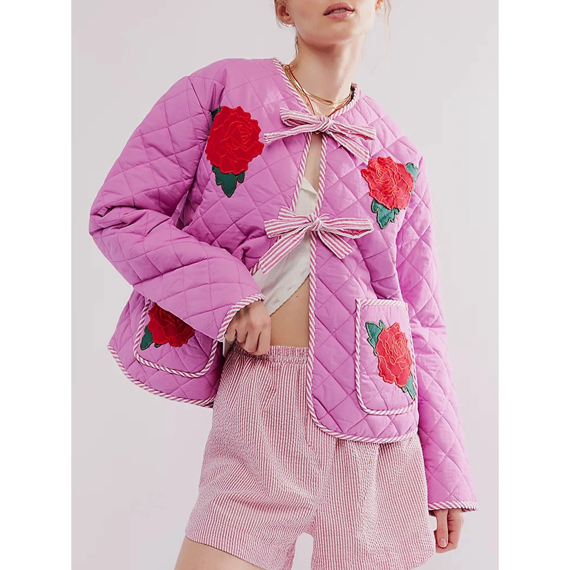 Rose Print Bow Pink Thin Jacket-Massicos