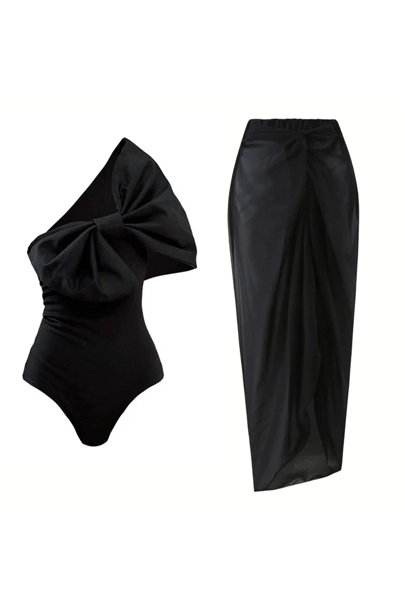 Black and White Bow One Piece Swimsuit Set-ROVOLE