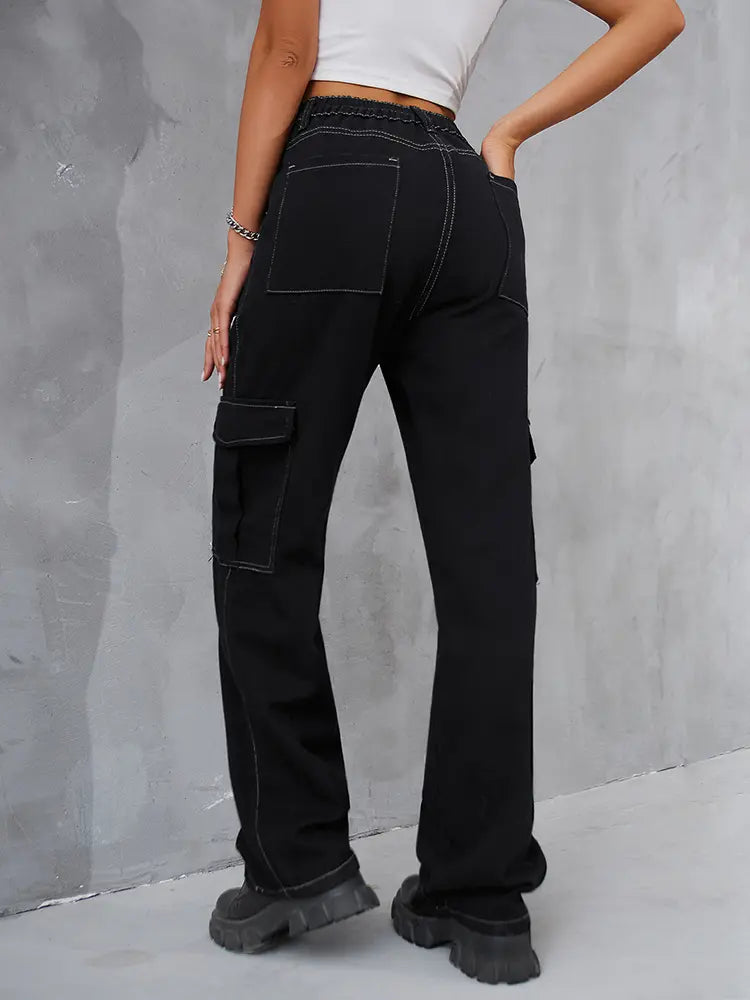 Vintage Elastic Waist Relaxed Fit Denim Cargo Pants-Massicos