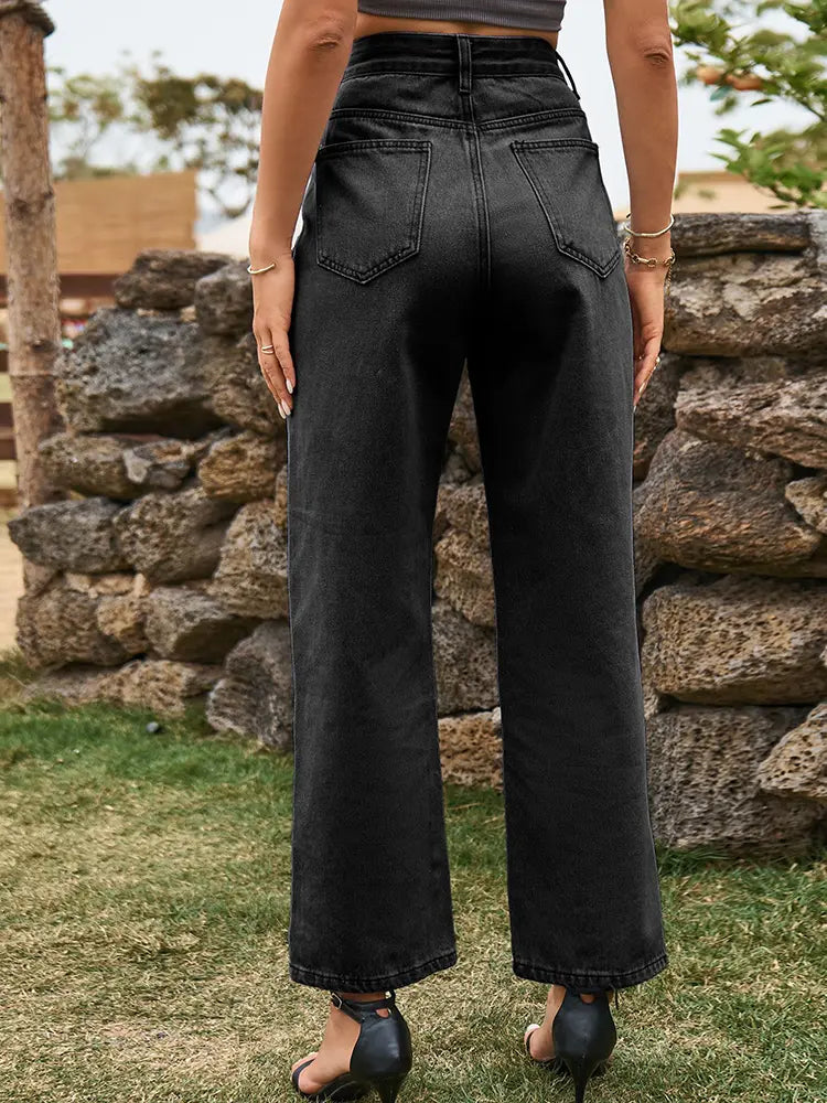 Trendy Split-Hem Washed Denim Pants-Massicos