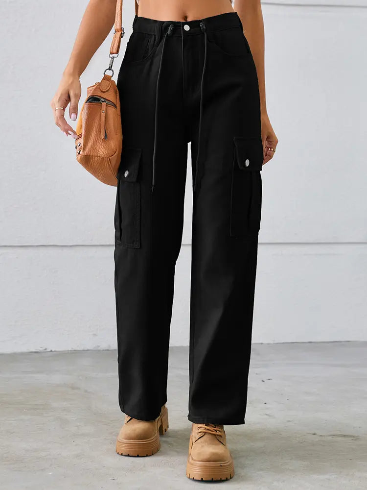 Adjustable Drawstring Washed Denim Cargo Pants-Massicos