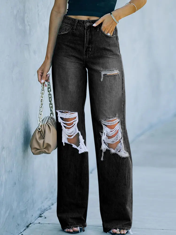 Distressed Washed Wide-Leg Street Denim Pants-Massicos