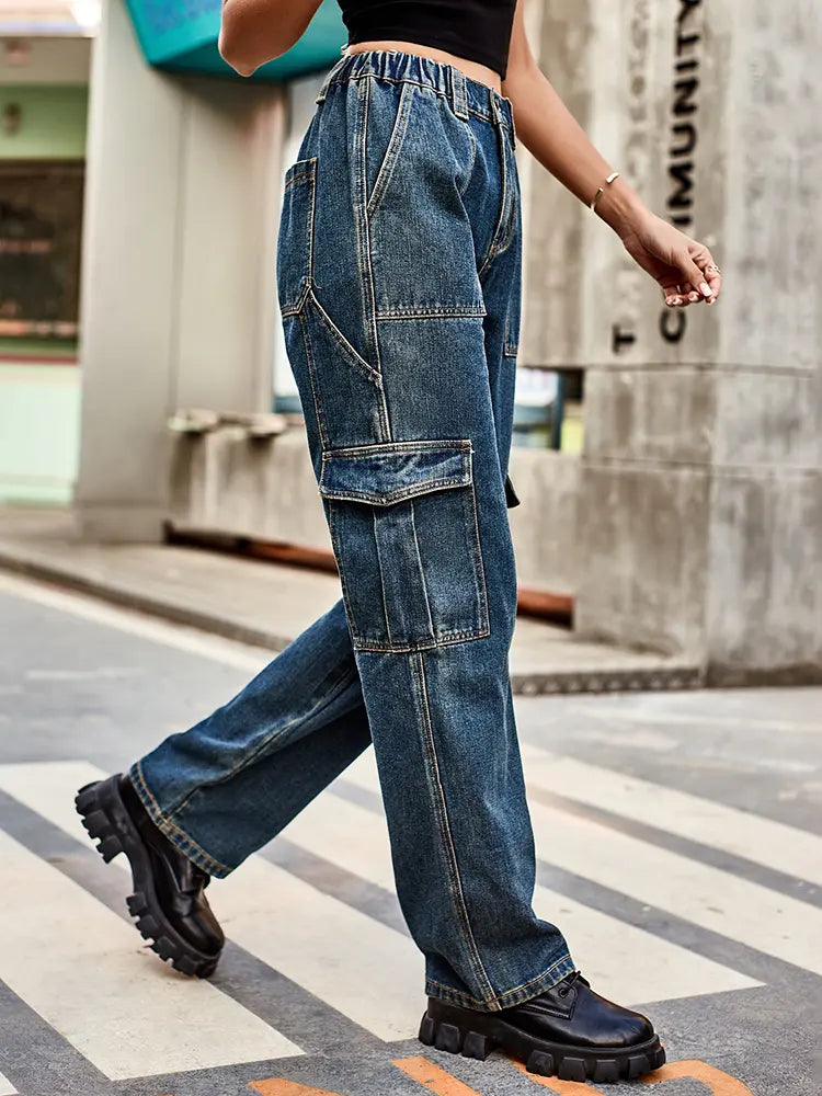 Retro Wash Elastic Waist Denim Utility Pants-Massicos