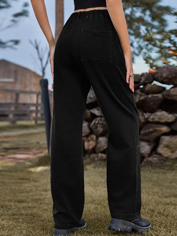 Elastic Waist Relaxed Fit Denim Cargo Pants-Massicos