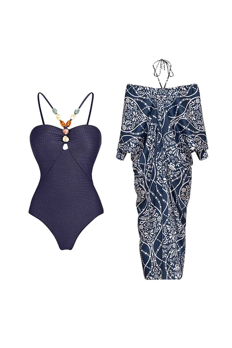 Beaded Textured Fabric One Piece Swimsuit Set-ROVOLE