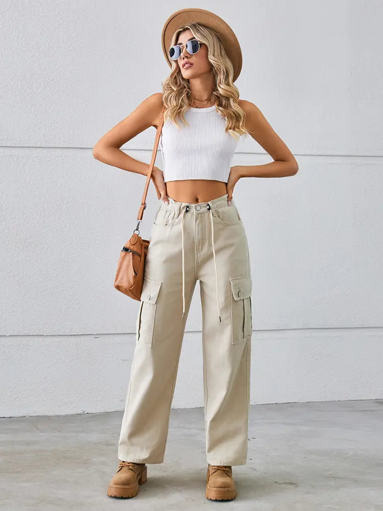 Adjustable Drawstring Washed Denim Cargo Pants-Massicos