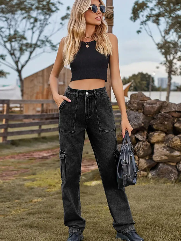 Vintage Washed Semi-Elastic Denim Cargo Pants-Massicos