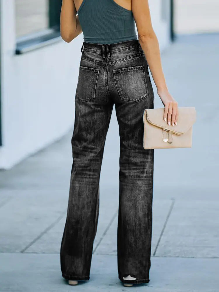 High-Waist Ripped Wide-Leg Denim Pants-Massicos