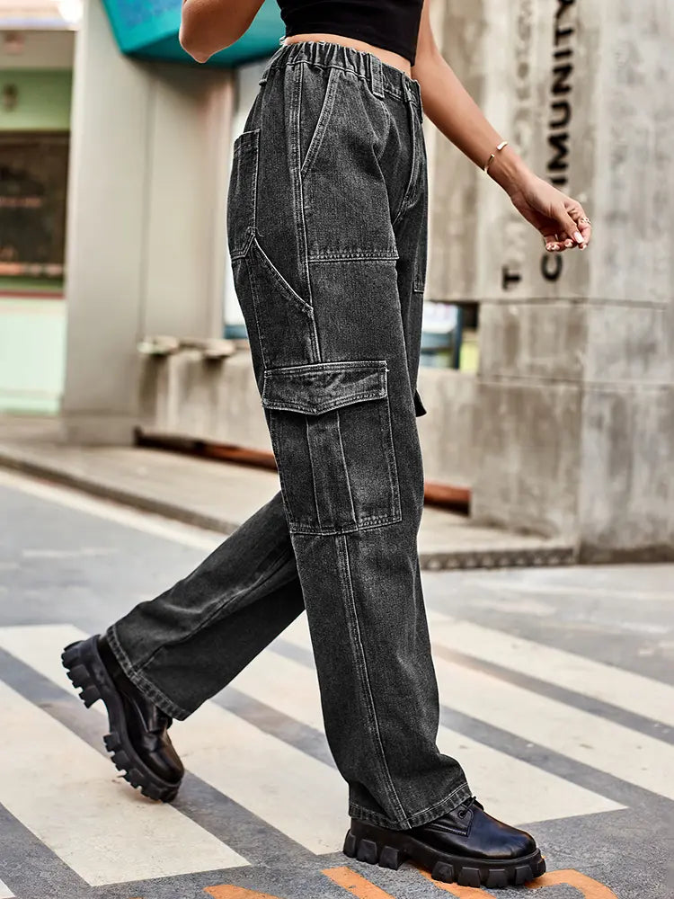 Retro Wash Elastic Waist Denim Utility Pants-Massicos