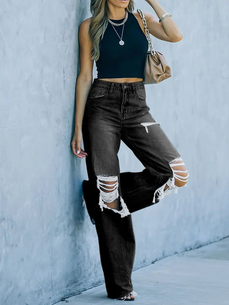 Distressed Washed Wide-Leg Street Denim Pants-Massicos