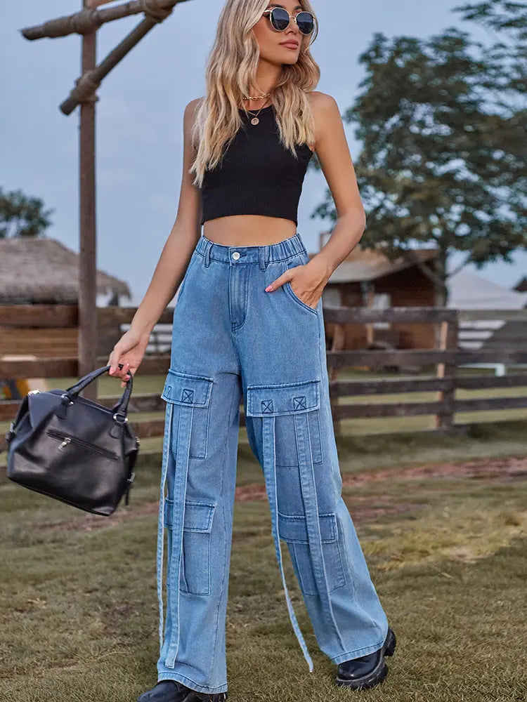 Vintage Heavy-Duty Tie-Design Denim Cargo Pants-Massicos