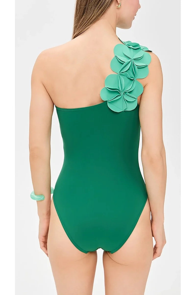Green One-Shoulder 3D Floral Swimsuit-ROVOLE