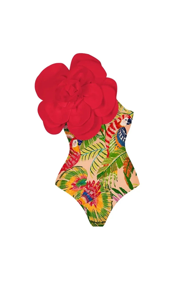 3D Red Floral Embellished One-Piece Swimsuit-ROVOLE