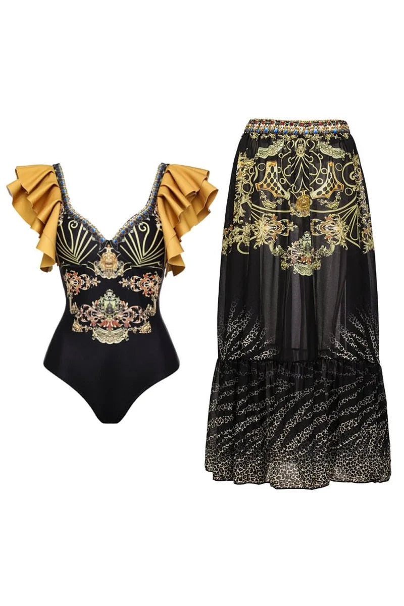 Black Gold Ruffle Swimsuit Set-ROVOLE