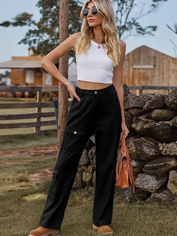 Washed Semi-Elastic Design Denim Cargo Pants-Massicos