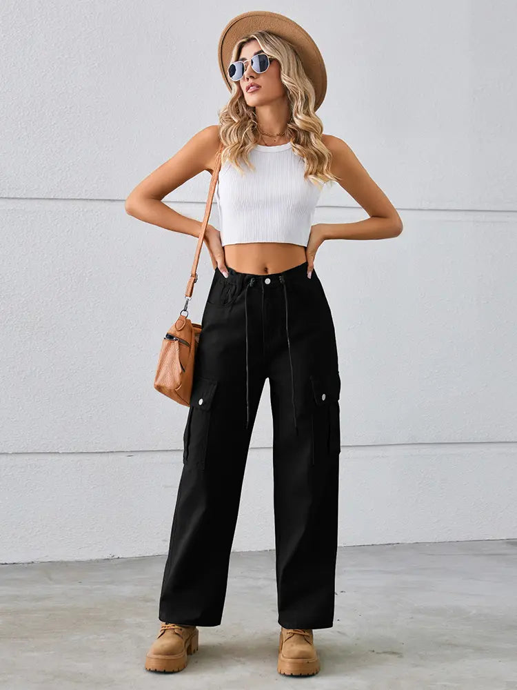 Adjustable Drawstring Washed Denim Cargo Pants-Massicos