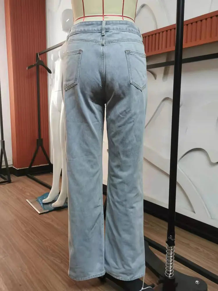 Trendy Split-Hem Washed Denim Pants-Massicos