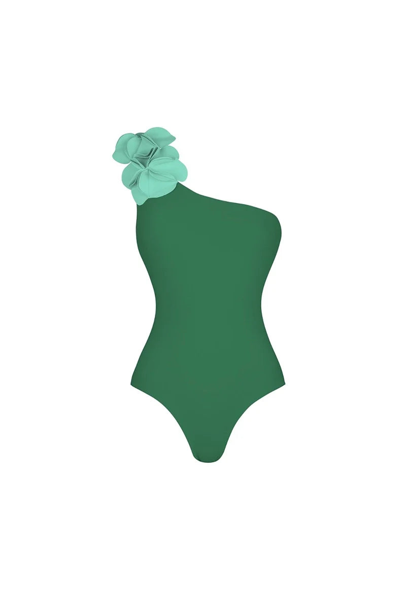 Green One-Shoulder 3D Floral Swimsuit-ROVOLE