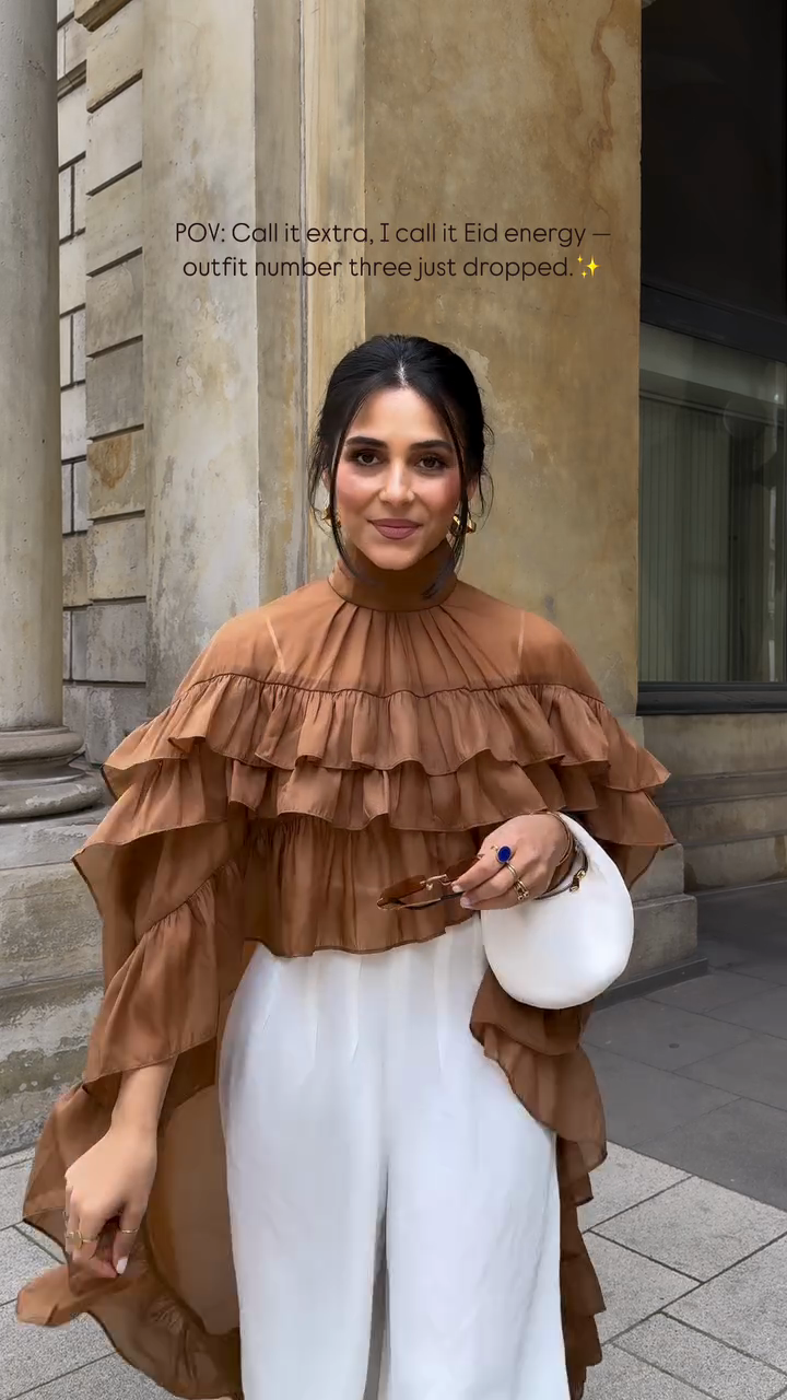 Ruffled cape-style top paired with wide-leg pants suit-Massicos