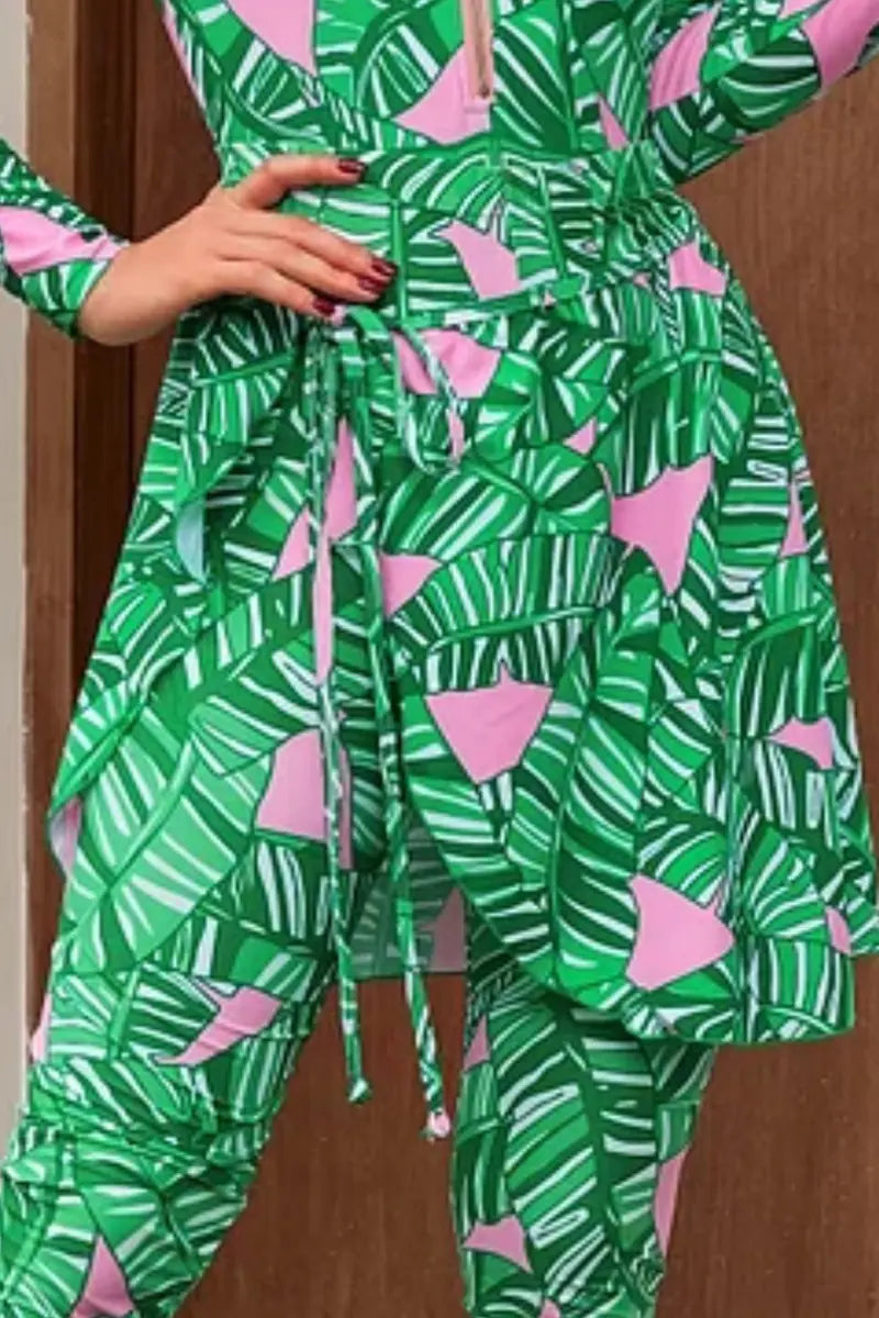 Green Zip Long Sleeve Printed Surf Swimsuit Set-ROVOLE