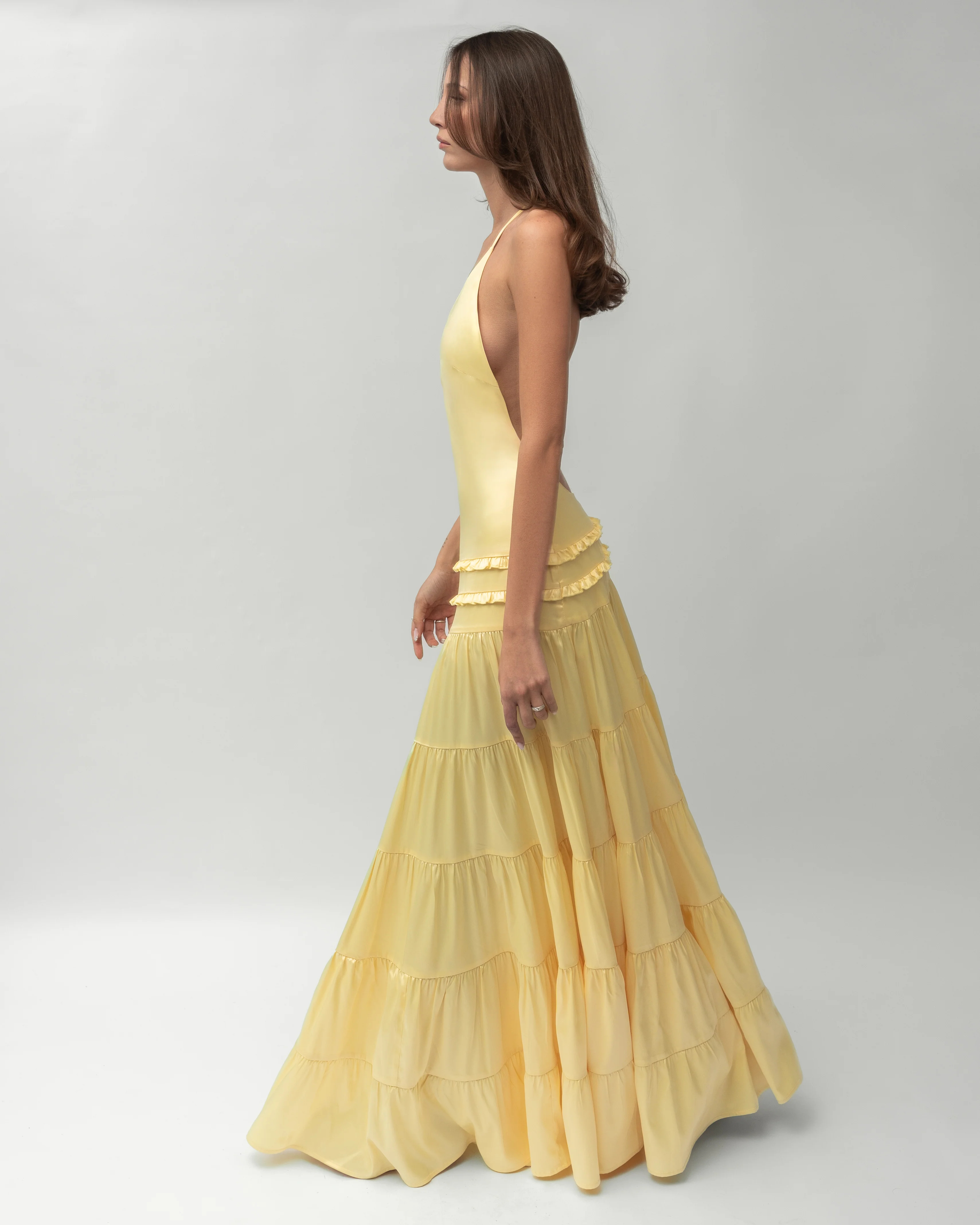 Yellow flowing one-shoulder maxi dress