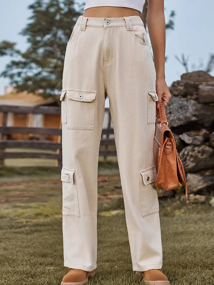 Washed Semi-Elastic Design Denim Cargo Pants-Massicos