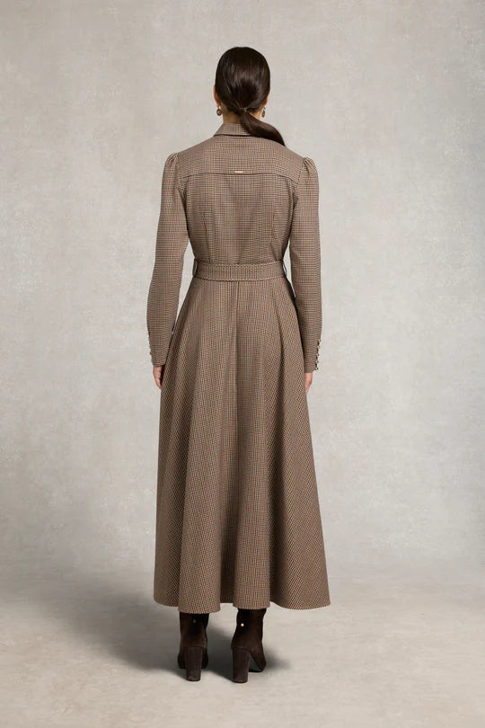 Brown Houndstooth Belted Maxi Shirt Dress-ROVOLE