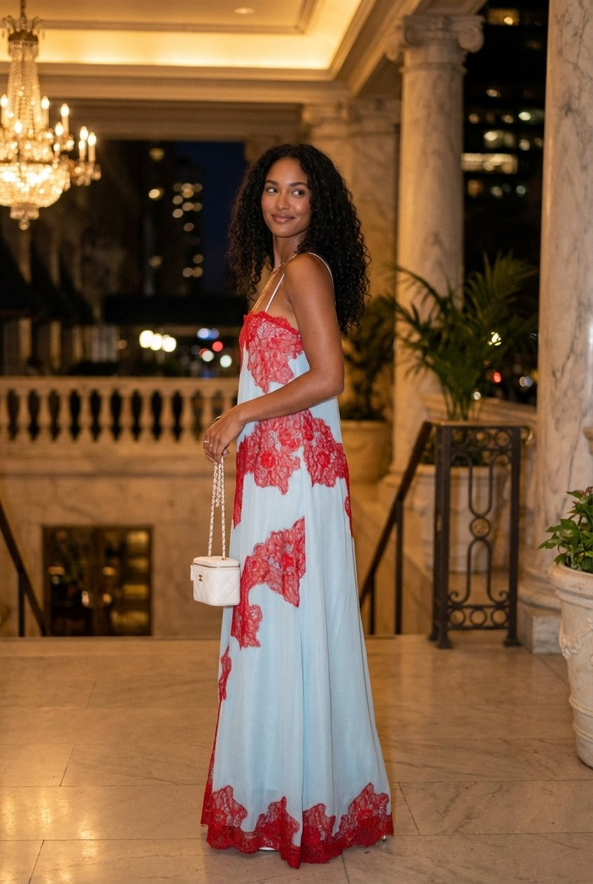  Floral Lace Trimmed Satin Slip Maxi Dress Light Blue