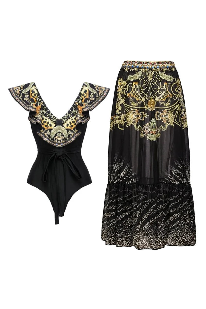 Black Gold Print Ruffle Tie Swimsuit Set-ROVOLE