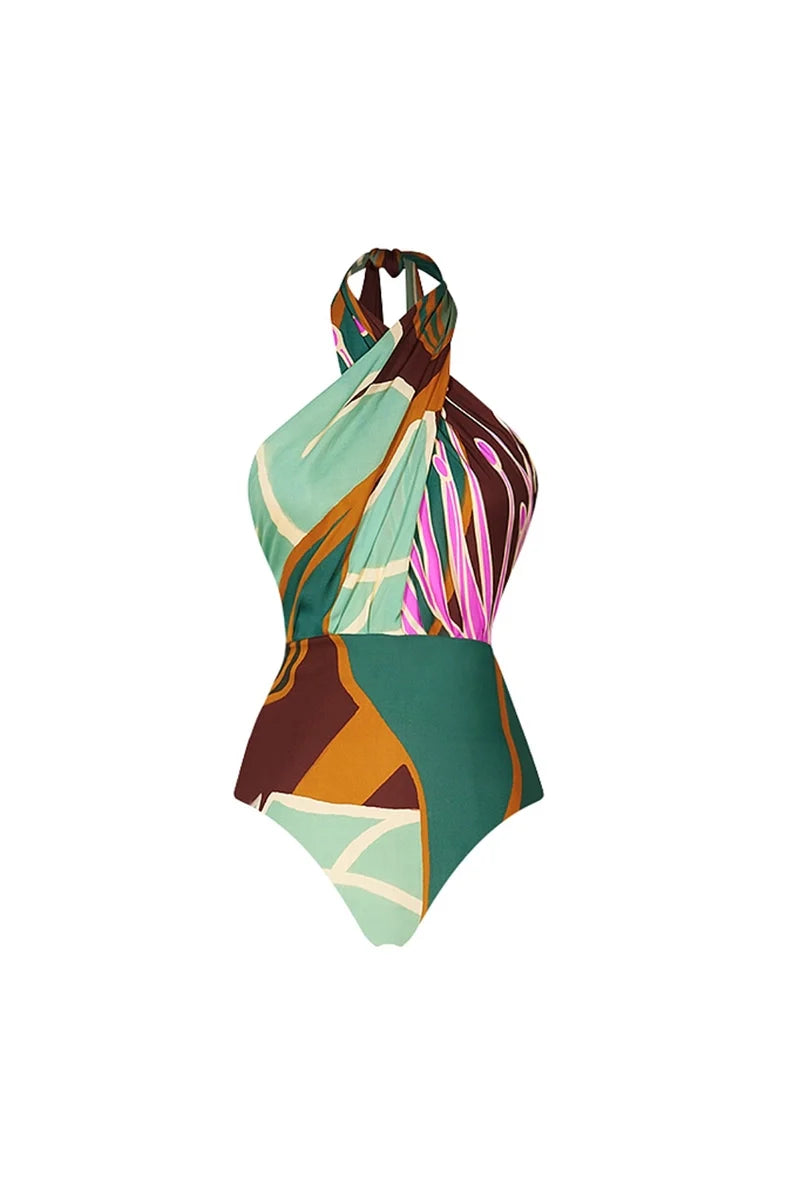 Halter Cross Backless Floral Swimsuit Set-ROVOLE