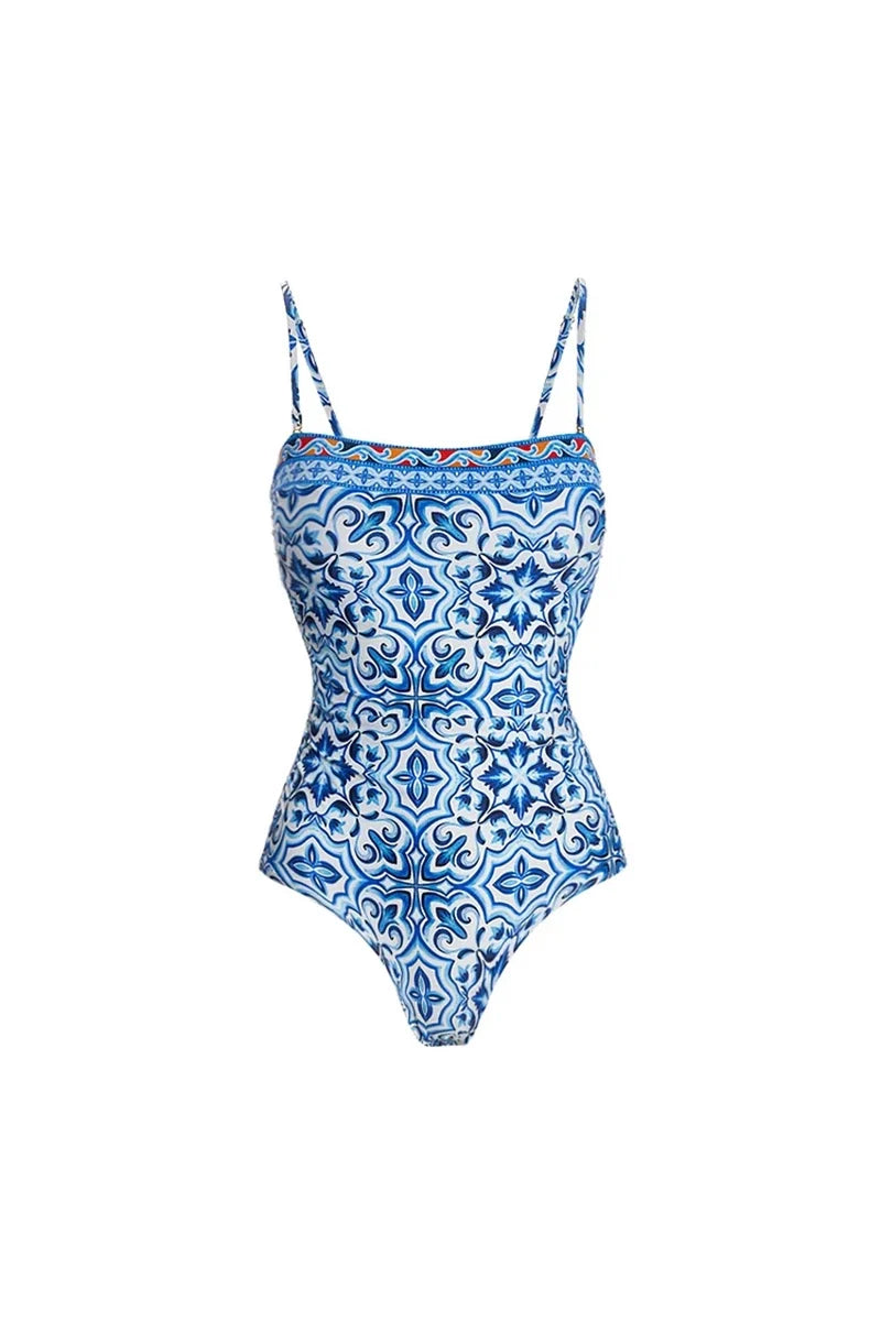 Blue Ethnic Print Swimsuit Set-ROVOLE