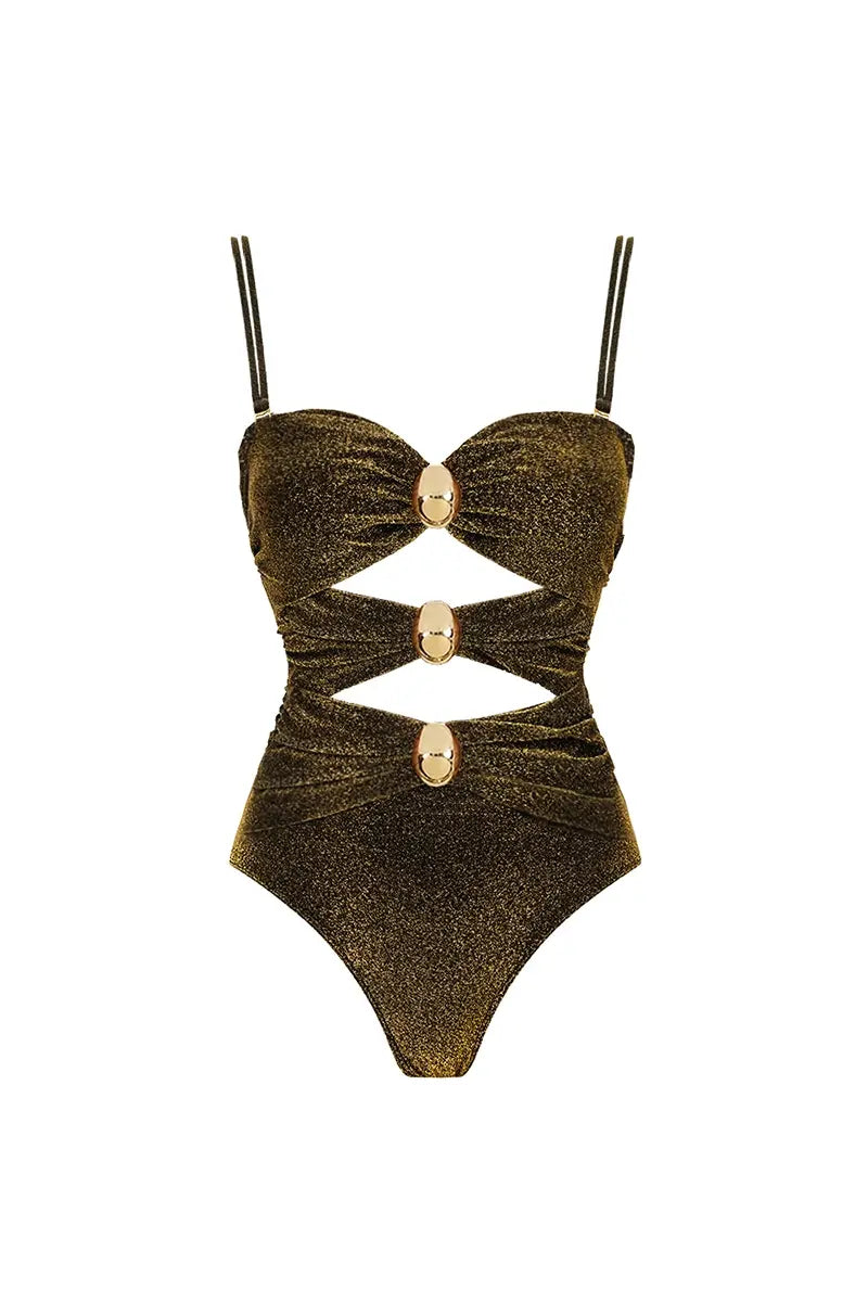 Gold Buckle Cutout Glossy One Piece Swimsuit Set-ROVOLE