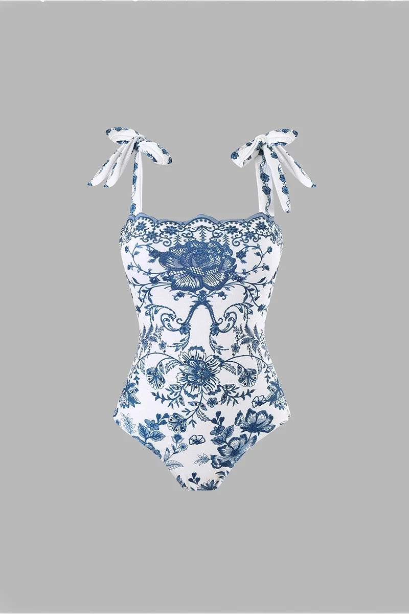 Floral Bow Tie One-Piece Swimsuit Set-ROVOLE
