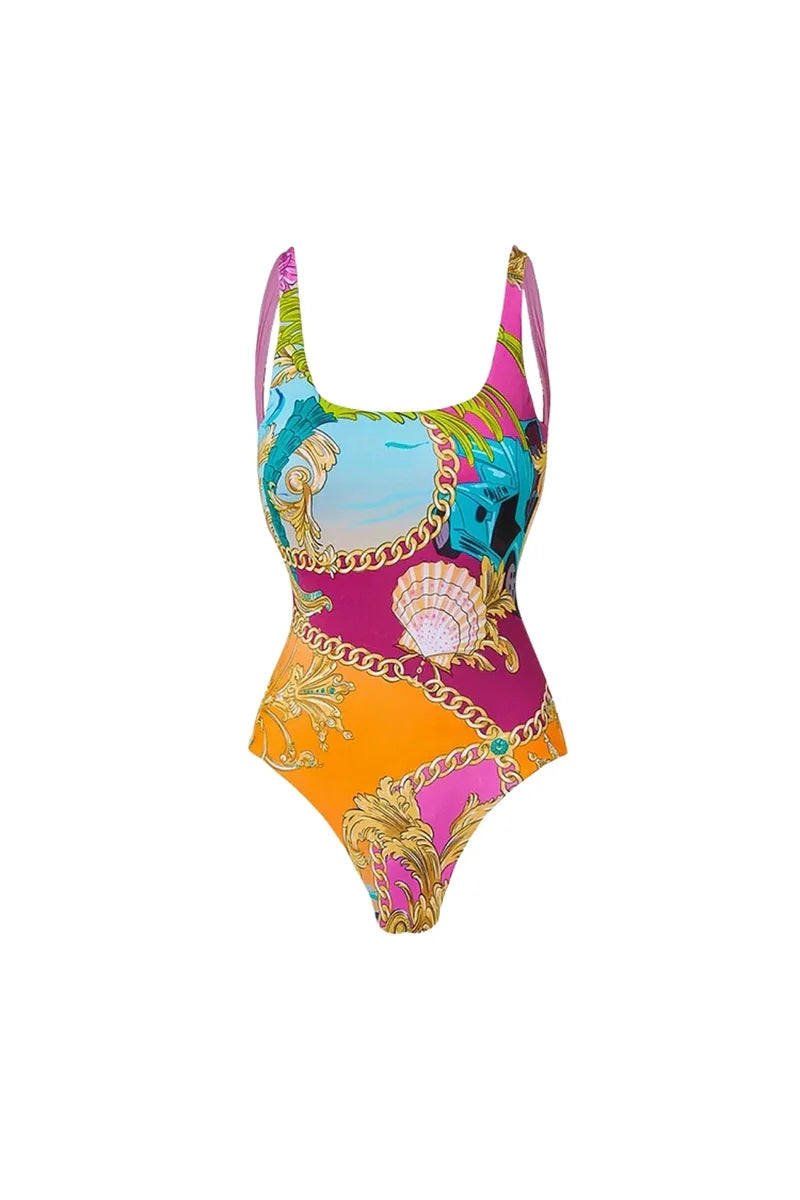 Colorblock Cartoon Print One-Piece Swimsuit-ROVOLE
