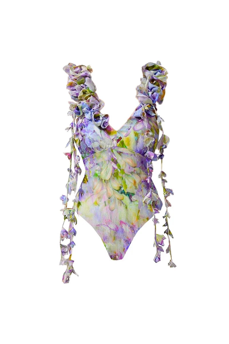 Floral Appliqué Tie-Up Fairy Style Swimsuit-ROVOLE