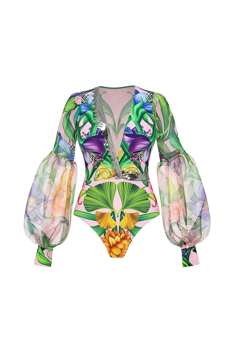 Deep V Lantern Sleeve Printed Swimsuit Set-ROVOLE