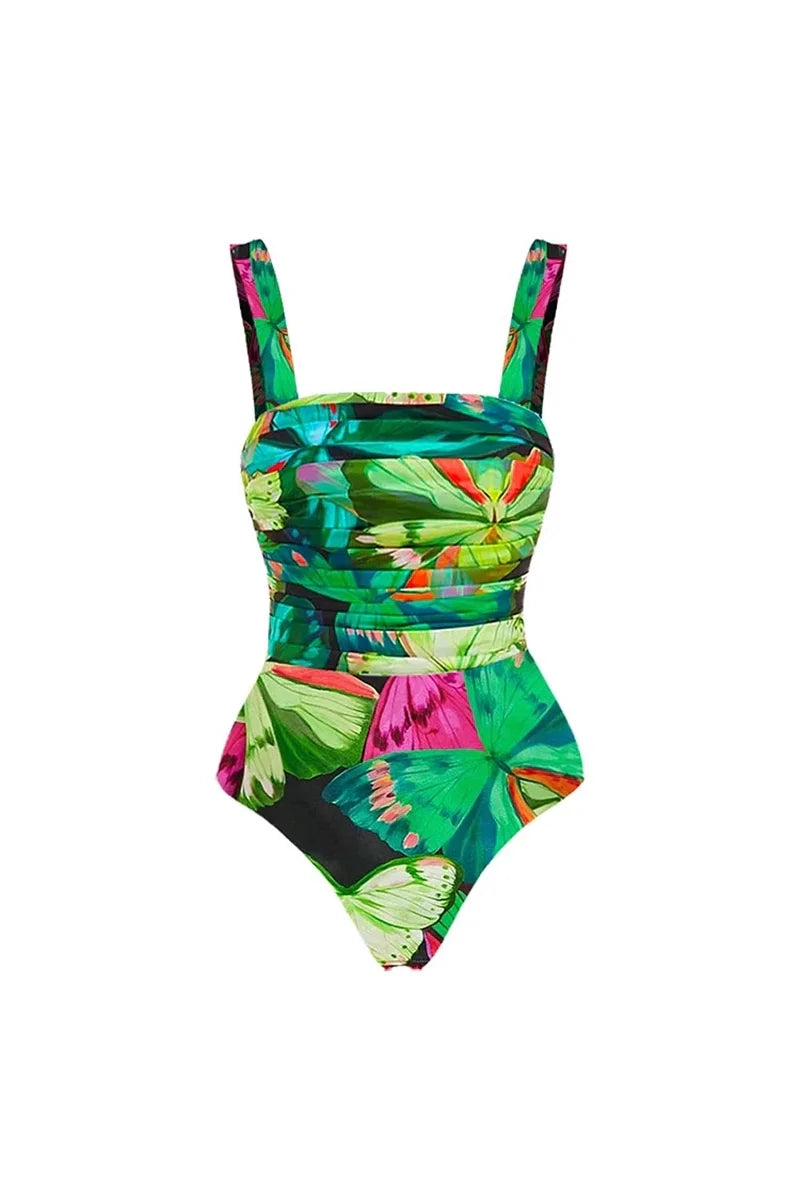 Butterfly Print Ruched Slimming Swimsuit Set-ROVOLE