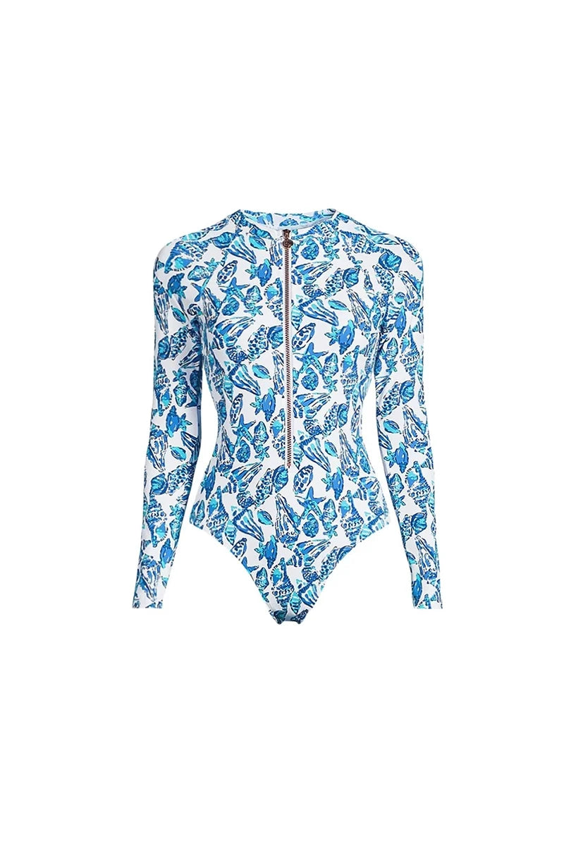 Green Zip-Up Floral Surf Swimsuit Set-ROVOLE