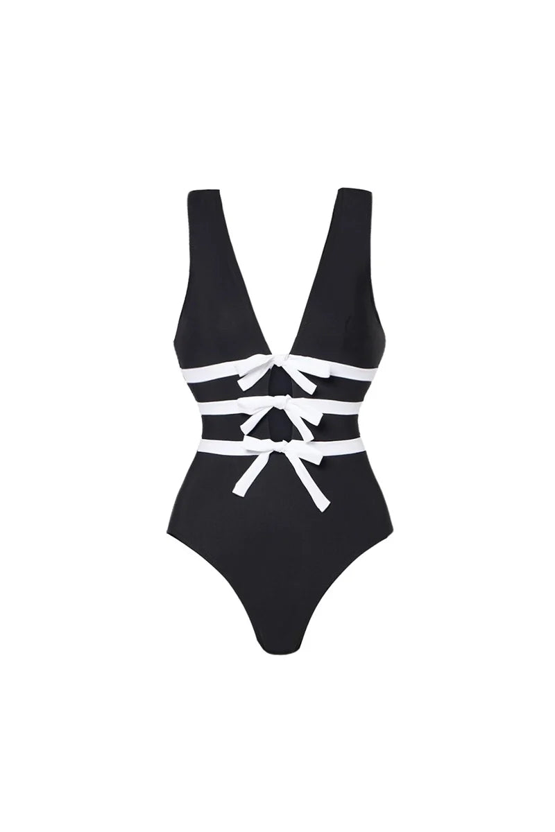 Cutout Black and White One-Piece Swimsuit-ROVOLE