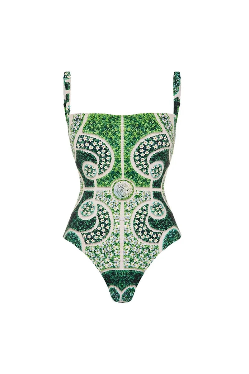 Green Ethnic Print One Piece Swimsuit Set-ROVOLE
