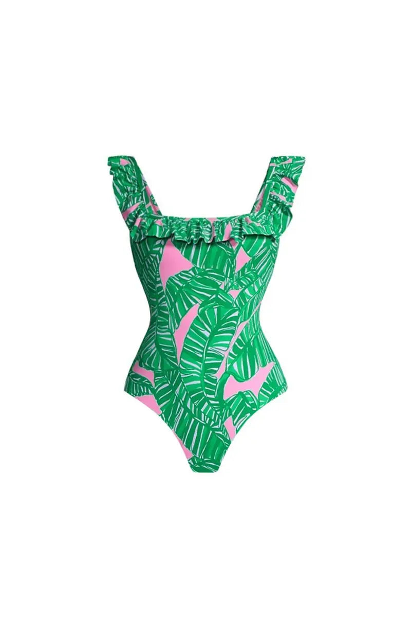 Green Ruffle Print One Piece Swimsuit-ROVOLE