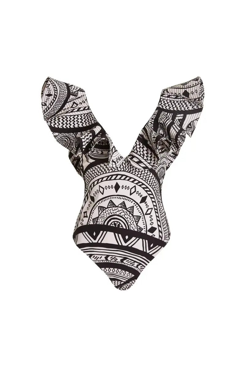 Deep V Ruffle Vintage Print Swimsuit-ROVOLE