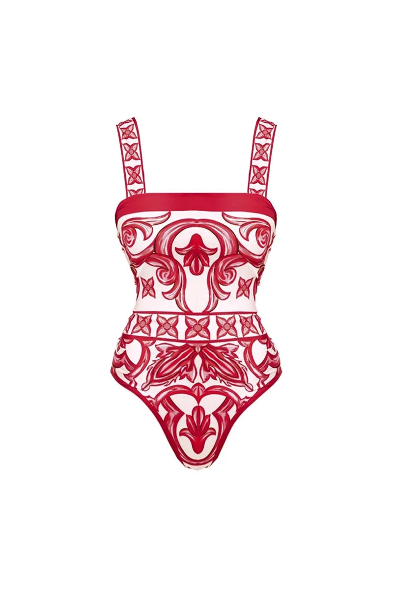 Ethnic Print One-Piece Swimsuit Set-ROVOLE