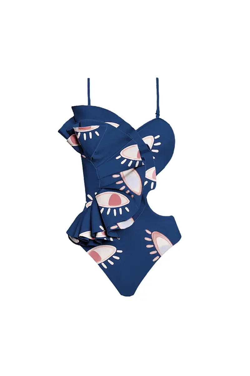 Evil Eye Ruffle Cutout One Piece Swimsuit-ROVOLE