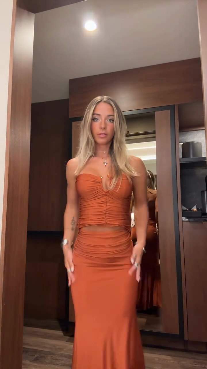 Rust - Colored Ruched Crop Top and Maxi Skirt Set-ROVOLE