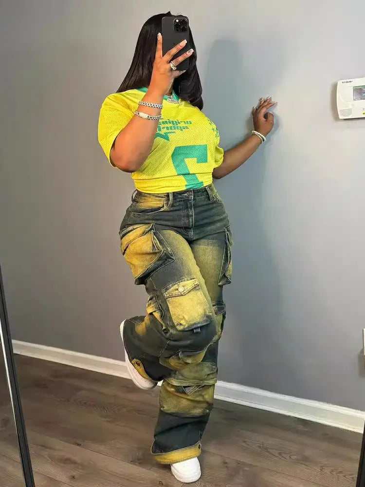 Trendy High-Waisted Cargo Jeans-Massicos
